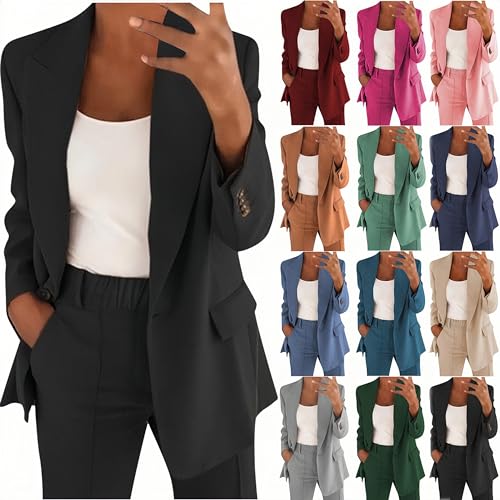 longblazer damen elegant Hosenanzug Damen Elegant Festlich Blazer Zweiteiliges Hosenanzüge mit Knöpfen Business 2 Teiler Einfarbig Anzug Set Hohe Taille Anzughose Büro Freizeitanzug Große Sakko von NZYIHAO