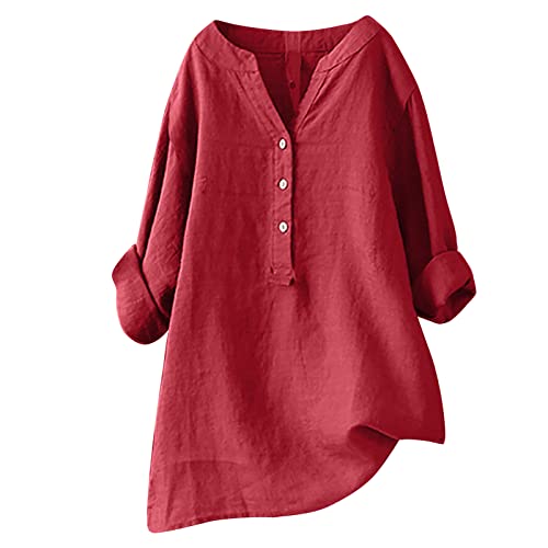 musselinbluse Musselin Bluse Damen Elegant Einfarbig Tshirt V-Ausschnitt Leinenbluse mit Knöpfen Sommer Hemdbluse Baumwolle Leinen Shirts Oversize Oberteile Große Größen Leinenhemd Blusen von NZYIHAO