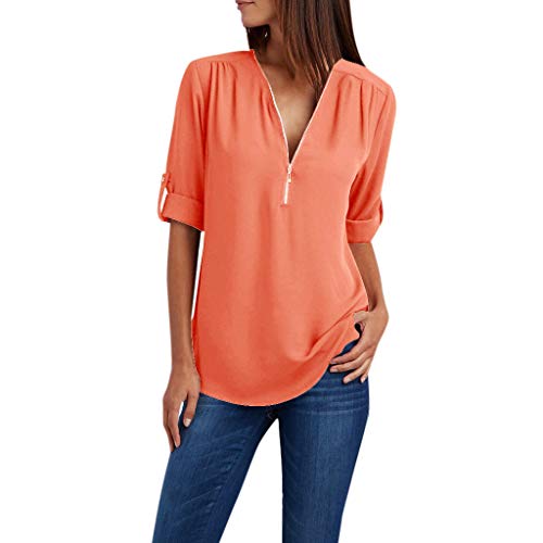 weiße Bluse Damen Tshirt Chiffon Bluse Damen Elegant Einfarbig Langarmshirt V-Ausschnitt Tshirt mit 1/4 Zipper Sommer Oberteile Locker Shirt Leichte Pullover Große Größen Tunika Bequem Pulli Blusen von NZYIHAO