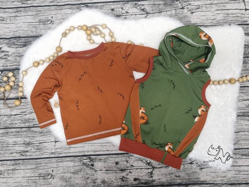 Kinderbekleidungsset Bestehend Aus Einem Langarmshirt in Der Farbe Rost Und Grünen Pullunder Mit Fuchsmotiv Größe 92 von NaJoLe