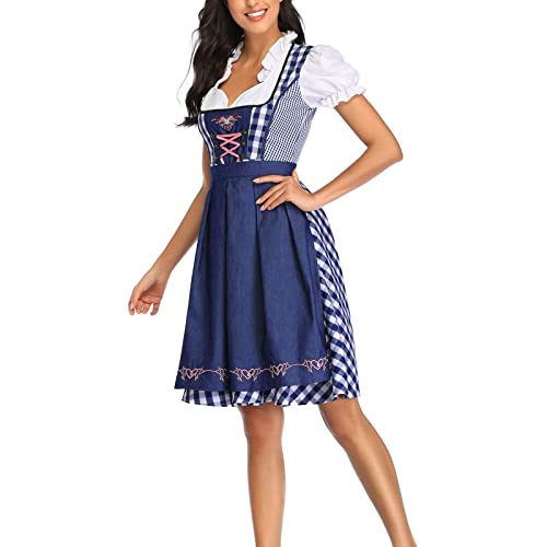 2025 Kleid Dirndl Damen Midi Oktoberfest mit Schürze und Bluse Fernblau geblümt Kleidung Dirndl Midi Trachtenkleid inkl. Trachtenrock Dirndlbluse Dirndlschürze Oktoberfest Trachtenkleid Trachtenmode von NaLatia