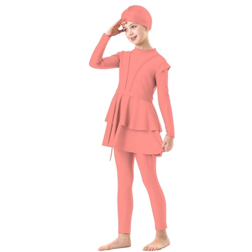 Bikini Teenager Mädchen Kinder Baby Mädchen Muslimischen Badeanzug Islamischen Ganzkörper Full Cover Langarm Top Hose Burkini Set Schwimmanzug Einfarbig Bademode Rock mit Mütze Teenager von NaLatia