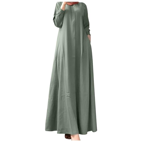 Burka Damen Lang Sommerkleidung Leinen Shirt-Kleid Boho Große Größen mit Taschen Langarm V-Ausschnitt Falten Lange Leinenkleid Schichten Maxikleid Freizeitkleid Casual Oversize von NaLatia