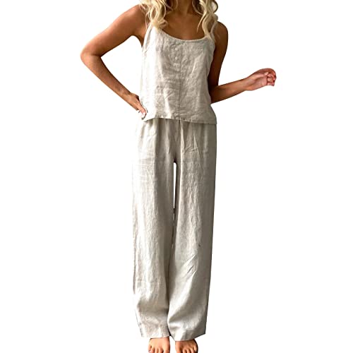 Damen 2 Teiler Set Sommer Crop Tank Top + Hose Stoff Gerade Hosenanzug Zweiteiler Jogginganzug Einfarbig Baggy Hausanzug Sportlich Leichter Sportanzug Casual Outfit Outfit Zweiteiler Sommer Damen von NaLatia