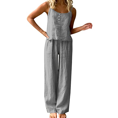 Damen 2 Teiler Set Sommer Crop Tank Top + Hose Stoff Gerade Hosenanzug Zweiteiler Jogginganzug Einfarbig Baggy Hausanzug Sportlich Leichter Sportanzug Casual Outfit Outfit Zweiteiler Sommer Damen von NaLatia