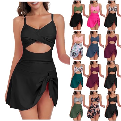 Damen Badeanzug V Ausschnitt Wickel Rückenkrawatte Badekleid Einteilige Bademode mit Cups Push Up Zierausschnitten Bademode mit Rock Badeanzüge für Damen von NaLatia