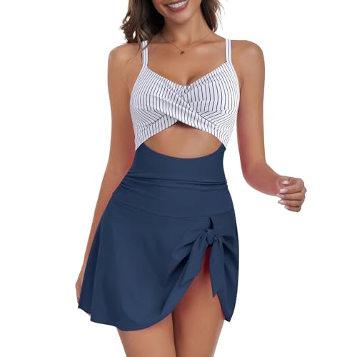 Damen Badeanzug V Ausschnitt Wickel Rückenkrawatte Badekleid Einteilige Bademode mit Cups Push Up Zierausschnitten Bademode mit Rock Badeanzüge für Damen von NaLatia