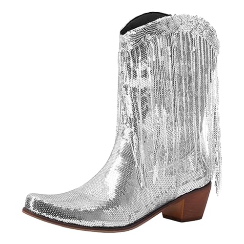 Glitzer Stiefeletten Damen Damen Metalllic Fringe Knielange Cowboy Stiefel with Tassel Party Country Concert Paillette Stiefel Sparkly Westlicherstiefel von NaLatia