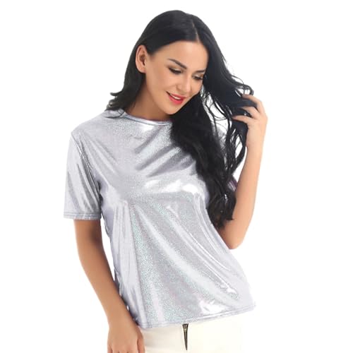 Metallic Oberteil Damen Metallische T-Shirt Top Kurzarm Silber Oberteil Damen Metallic Einfarbig Rundhals Glänzend Tanzclub T-Shirt Fasching Party Clubwear Performance Kostüm Metallic Oberteil Damen Metallische T-Shirt Top Kurzarm Silber Oberteil Damen Metallic Einfarbig Rundhals Glänzend Tanzclub T-Shirt Fasching Party Clubwear Performance Kostüm von NaLatia