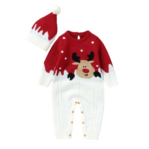 NaLatia Baby Weihnachtsoutfit 2 Stück Baby Weihnachtsoutfit Junge Mädchen Weihnachten Ren Warm Santa Overall+Hut von NaLatia