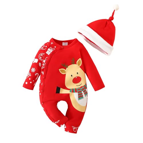 NaLatia Baby Weihnachtsoutfit 2 Stück Baby Weihnachtsoutfit Junge Mädchen Weihnachten Ren Warm Santa Overall+Hut von NaLatia
