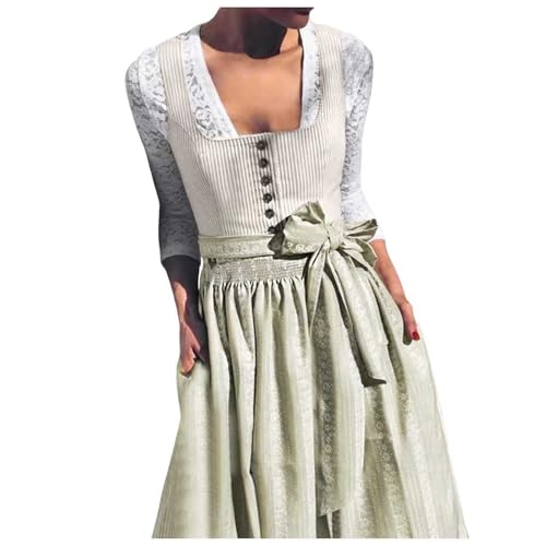 NaLatia Damen Dirndl Midi Dirndlkleid - Outfit Knielang Set Karneval Elegant Schlicht Dress Trachtenkleid Trachtenmode Für Oktoberfest Mit Spitzenschürze Dirndl Damen Lang von NaLatia