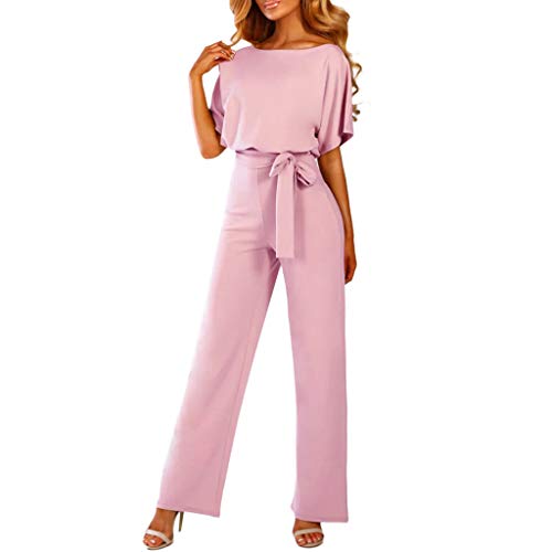 NaLatia Damen Elegant Jumpsuit Overall Hosenanzug Festlich Playsuit Romper mit Gürtel (01 Pink, S) von NaLatia