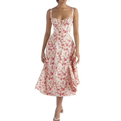 NaLatia Damen Sommer Sexy Ärmellos Spaghettiträger Boho Blumen Lang Kleid mit Schlitz (01 Hot Pink, S) von NaLatia