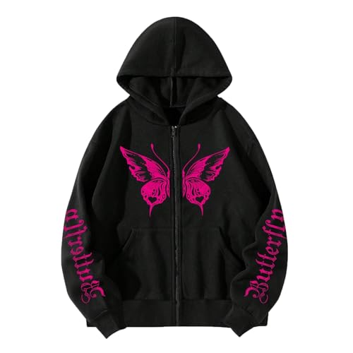 NaLatia Damen Y2K Kapuzenjacke Schmetterling Druckt Kapuzenpullover Vintage Oversize Sweatjacke Sweatshirt College Jacke Übergangsjacke Zip Hoodie Hoody Mit Kapuze Sweatshirt Damen Oversized von NaLatia