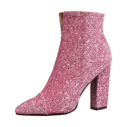 NaLatia Glitzerschuhe Für Damen Damen Chunky Heels Ankle Boots Glitzer Stiefeletten mit Blockabsatz und Reißverschluss Absatz Pailletten Schuhe von NaLatia