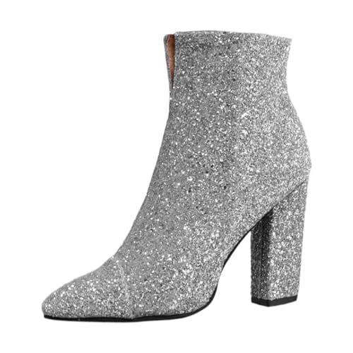 NaLatia Glitzerschuhe Für Damen Damen Chunky Heels Ankle Boots Glitzer Stiefeletten mit Blockabsatz und Reißverschluss Absatz Pailletten Schuhe von NaLatia