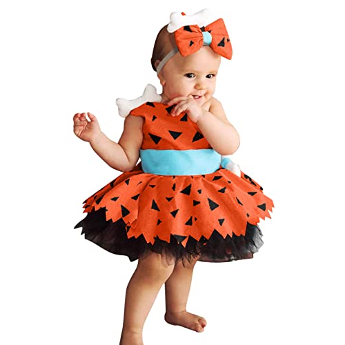 NaLatia Halloween Kostüm Mädchen Kostüm Kinder Flintstones Pebbles Kostüm Kleid Verkleidung mit Stirnband für Baby und Kleinkind Mädchen, Orange Grün von NaLatia