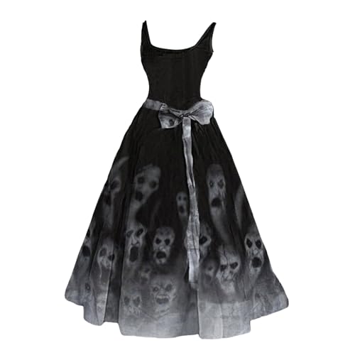 NaLatia Mittelalter Kleidung Damen Halloween Kostüm Damen Gruselig Blutige Zombie Braut Kostüm Horror Elegant Brautkleid Ärmellos Aufdruck Halloween Kleid fur Damen von NaLatia