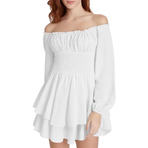 NaLatia Piratenkostüm Damen Gebauschtes Rüschenkleid mit integrierten Shorts, schulterfrei, Stufenkleid aus Chiffon, Freizeitkleid von NaLatia