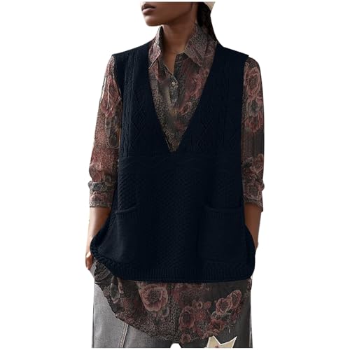 NaLatia Pullunder Damen ärmellos Strickweste Damen Oversize Pullover Damen Elegant Strickpullover V-Ausschnitt Strickpulli Casual Damen Herbst Pullover Winterpullover von NaLatia
