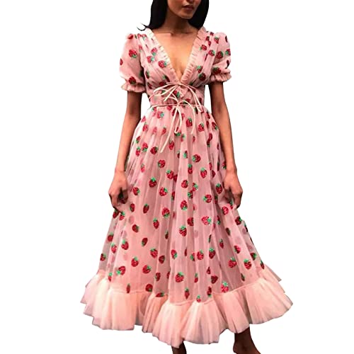 NaLatia Sommer Pailletten Stickerei Sweet Rosa Strawberry Kleid,Elegant Netzgarn Spitzen Erdbeere Maxikleider V-Ausschnitt Partykleid, Lange Kleid Frühling Sommer Freizeitkleidung von NaLatia