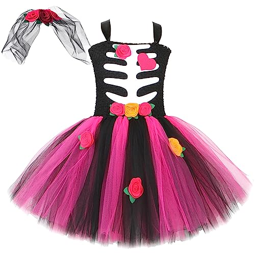 NaLatia Vampir Kostüm Kinder Hexenkostüm Kinder Kind Mädchen Zombie-Braut Kostüm Halloween Fancy Corpse Skelett Bräute Tutu-Kleid Geister Vampir Cosplay Verkleiden mit Kopfschmuck Tag der Toten Party von NaLatia