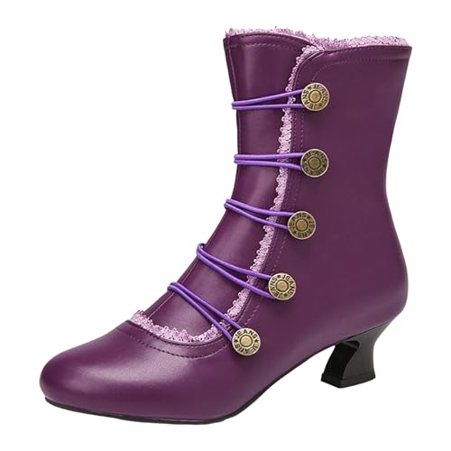 Stiefeletten Niedrige Absatz Damen Vintage Viktorianische Stiefel Gothic Punk Kurzschaft Stiefel Spitz PU Lederstiefel Schnürung Reißverschluss Ankle Boots Party Kostümstiefel von NaLatia