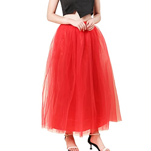 Tüllrock rot Damen 4 Lagen Lang Tüllrock Maxirock Prinzessin Ballettrock A-Linie Unterrock für Karneval Hochzeit Party von NaLatia