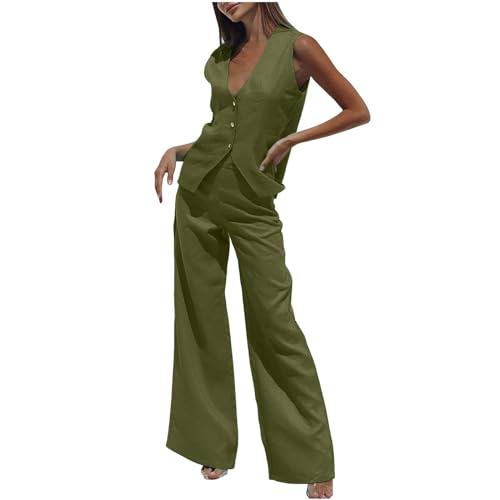 Zweiteiler Damen Sommer Baumwolle Und Leinen, G黱stig Musselin Set Leicht Und Luftig, Sommer Outfits Lockere Atmungsaktive, Weste Mit V-Ausschnitt, Hose Mit Weitem Bein, Einfarbig Freizeitanzug von NaLatia