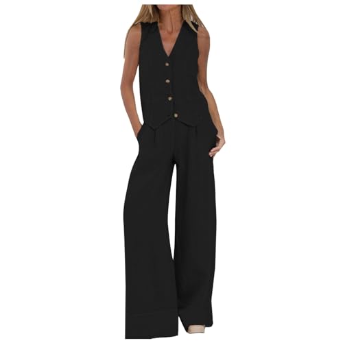 Zweiteiler Damen Sommer Baumwolle Und Leinen, Günstig Musselin Set Leicht Und Luftig, Sommer Outfits Lockere Atmungsaktive, Weste Mit V-Ausschnitt, Hose Mit Weitem Bein, Einfarbig Freizeitanzug von NaLatia