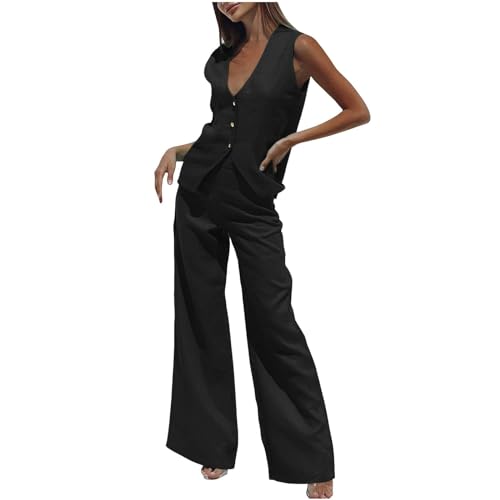 Zweiteiler Damen Sommer Baumwolle Und Leinen, Günstig Musselin Set Leicht Und Luftig, Sommer Outfits Lockere Atmungsaktive, Weste Mit V-Ausschnitt, Hose Mit Weitem Bein, Einfarbig Freizeitanzug von NaLatia