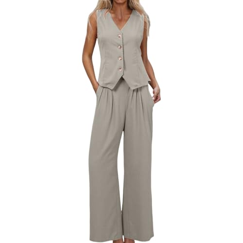 Zweiteiler Damen Sommer Baumwolle Und Leinen, Günstig Musselin Set Leicht Und Luftig, Sommer Outfits Lockere Atmungsaktive, Weste Mit V-Ausschnitt, Hose Mit Weitem Bein, Einfarbig Freizeitanzug von NaLatia