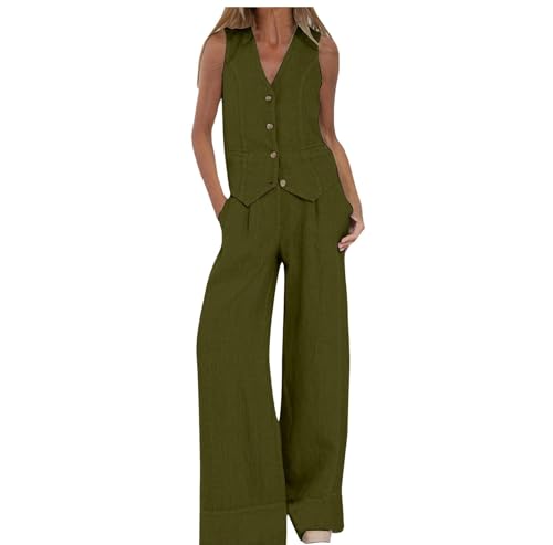Zweiteiler Damen Sommer Baumwolle Und Leinen, Günstig Musselin Set Leicht Und Luftig, Sommer Outfits Lockere Atmungsaktive, Weste Mit V-Ausschnitt, Hose Mit Weitem Bein, Einfarbig Freizeitanzug von NaLatia
