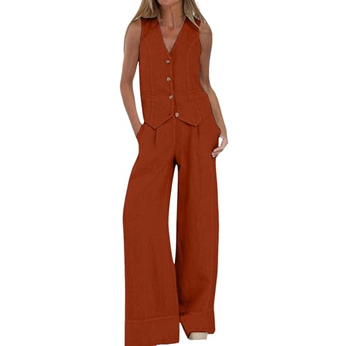 Zweiteiler Damen Sommer Baumwolle Und Leinen, Günstig Musselin Set Leicht Und Luftig, Sommer Outfits Lockere Atmungsaktive, Weste Mit V-Ausschnitt, Hose Mit Weitem Bein, Einfarbig Freizeitanzug von NaLatia