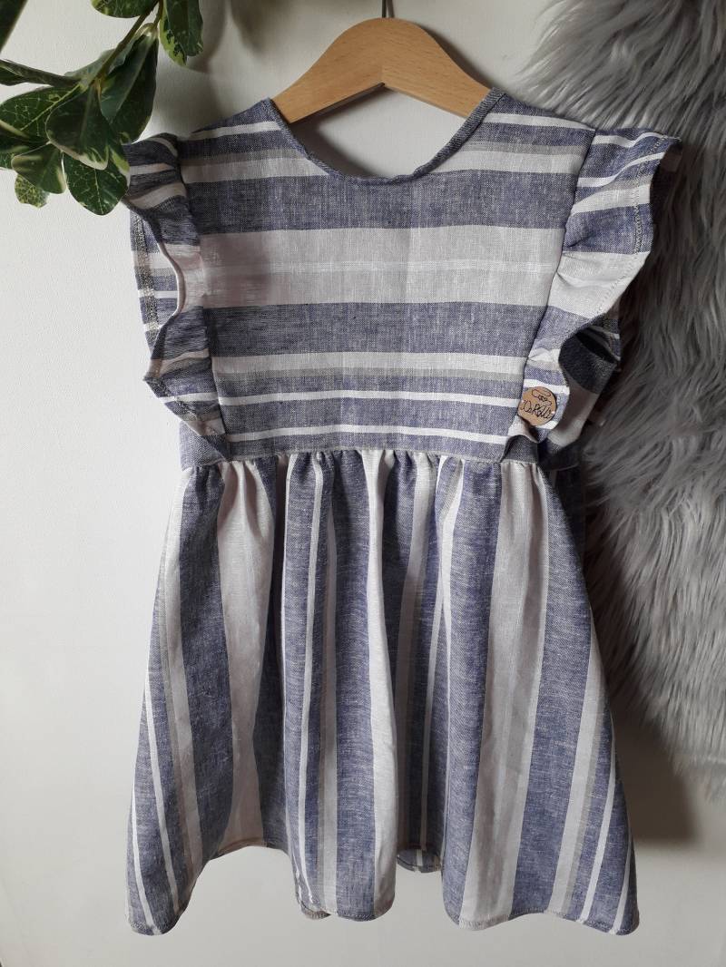 Sommerkleid Aus Leinen/Mädchenkleid /Gestreift/ Offwhite-Taupe-Blau-Beige Größe 98/104 von NaRoMiDesign