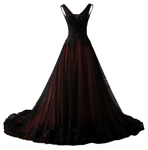 NaTengs Damen Applikation Gothic Brautkleid V-Ausschnitt A-Linie Brautkleid mit Schleppe, burgunderfarben, 32 von NaTengs