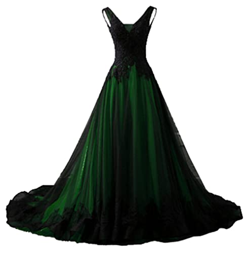 NaTengs Damen Applikation Gothic Brautkleid V-Ausschnitt A-Linie Brautkleid mit Schleppe, dunkelgrün, 36 von NaTengs