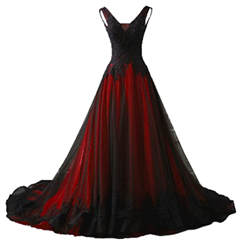 NaTengs Damen Applikation Gothic Brautkleid V-Ausschnitt A-Linie Brautkleid mit Schleppe, rot, 52 von NaTengs