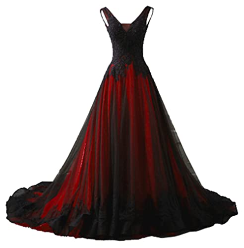 NaTengs Damen Applique Gothic Hochzeitskleid V Ausschnitt A Linie Brautkleid mit Schleppe, rot, 46 von NaTengs