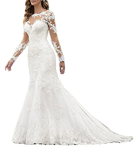 NaTengs Damen Applique Lange Hochzeitskleider für Braut 2022 mit Ärmeln, elfenbeinfarben, 40 von NaTengs