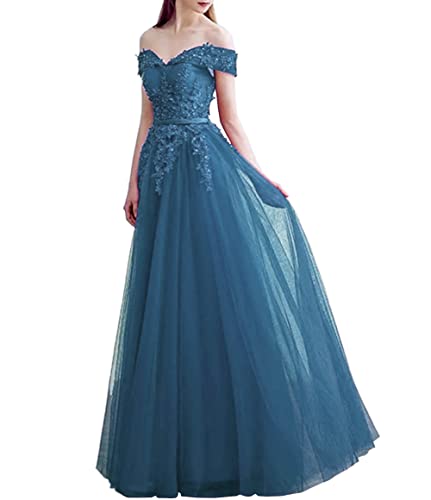 NaTengs Damen Applikationen Lange formelle Abendkleider Schulterfrei Ballkleider Dusty Blue, dusty blue, 36 von NaTengs