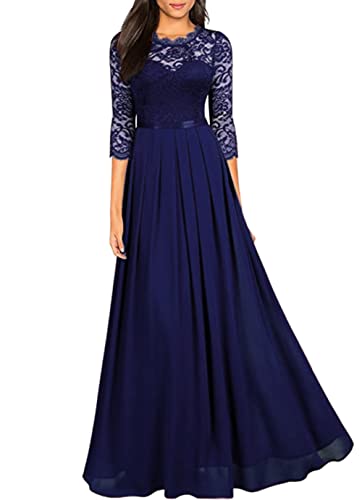 NaTengs Damen Rundhals Floral Lace Formal Abend Party Kleid Chiffon Lange Brautjungfernkleid, dunkelblau, 38 von NaTengs