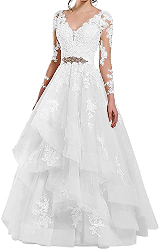 NaTengs Damen durchsichtig Langarm Applique Brautkleid V Ausschnitt Brautkleid, weiß, 42 von NaTengs