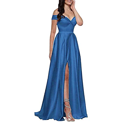 NaTengs Schulterfreies Damenkleid für Abendveranstaltungen, Abschlussballkleid, Satin, A-Linie, lang, Hochzeitskleid, Brautjungfernkleid, blau, 40 von NaTengs