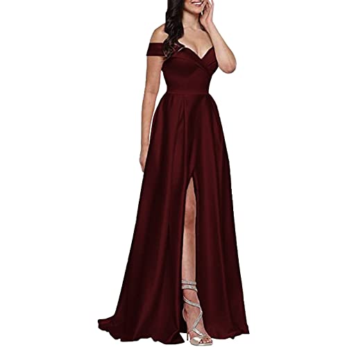 NaTengs Schulterfreies Damenkleid für Abendveranstaltungen, Abschlussballkleid, Satin, A-Linie, lang, Hochzeitskleid, Brautjungfernkleid, burgunderfarben, 34 von NaTengs