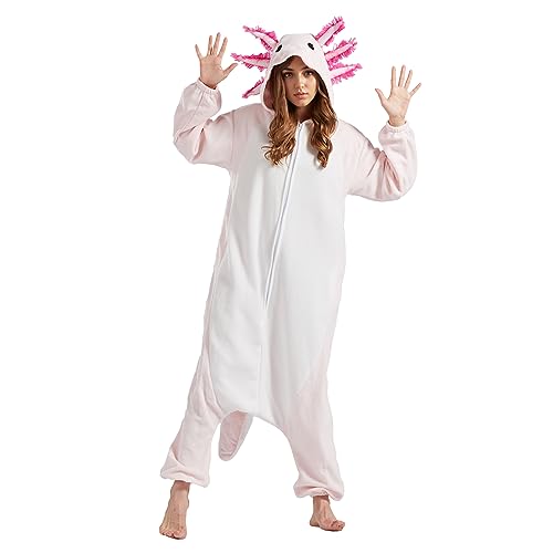 NAVARCH Adult Animal Pyjamas Onesie Cosplay Costume for Party, Damen Herren Karneval Halloween Jumpsuit Homewear Axolotl, M von NAVARCH