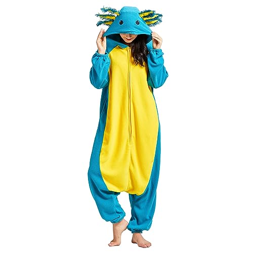 NAVARCH Adult Animal Pyjamas Onesie Cosplay Costume for Party, Damen Herren Karneval Halloween Jumpsuit Homewear Blau Axolotl, L von NAVARCH