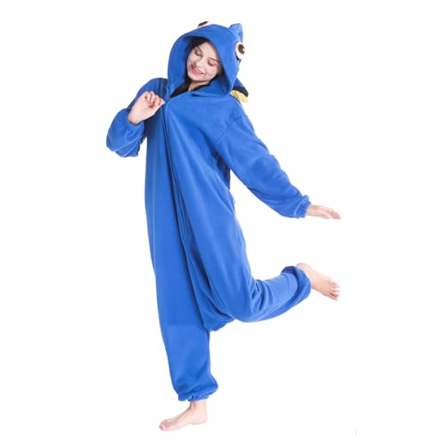 NaVarch Adult Animal Pyjamas Onesie Cosplay Costume for Party, Damen Herren Karneval Halloween Jumpsuit Homewear Blue Algae Fish, S von NaVarch