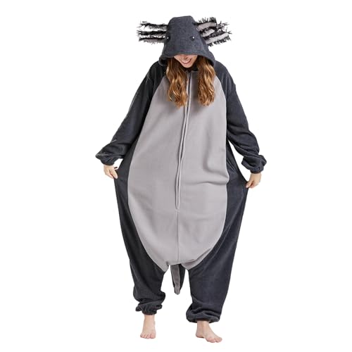 NAVARCH Adult Animal Pyjamas Onesie Cosplay Costume for Party, Damen Herren Karneval Halloween Jumpsuit Homewear Schwarzer Axolotl, L von NAVARCH